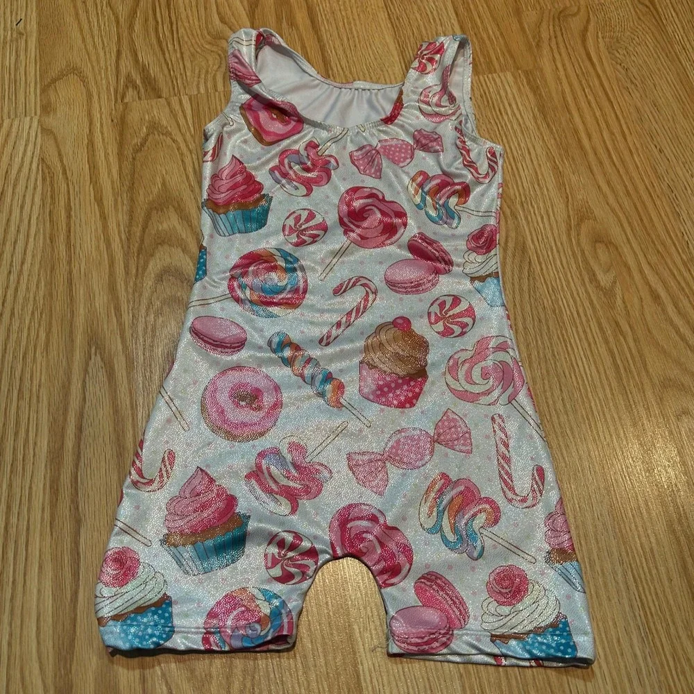 Girls Candy‎ Sweets Print Glitter Gymnastics Biketard Unitard Size 130 Pink Blue